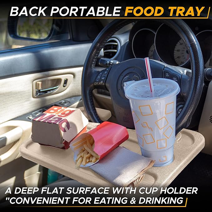 EcoNour 2 in 1 Car Steering Wheel Desk (Beige) | Steering Wheel Tray for Laptop, Eating, Drinks | Rectangular ABS Car Tray with Pen Holder & Cup Holder