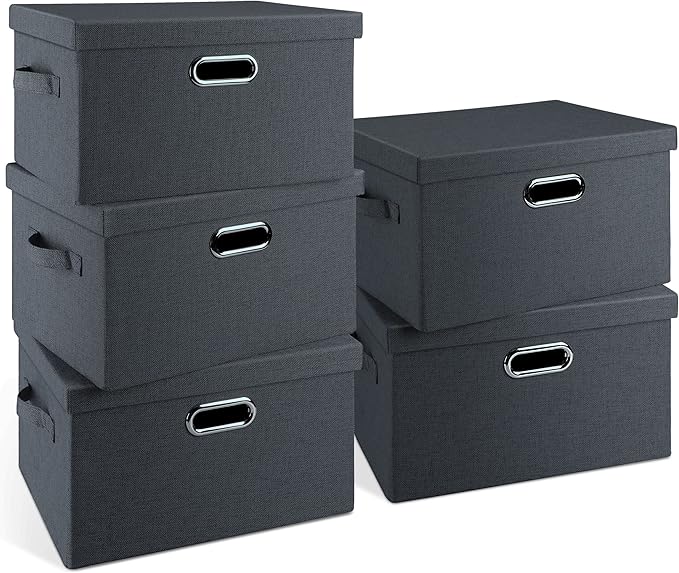 Graciadeco Medium 15" 21 Quart Collapsible Stackable Storage Bins with Lids, 5 Packs Dark Gray Foldable Fabric Closet Storage