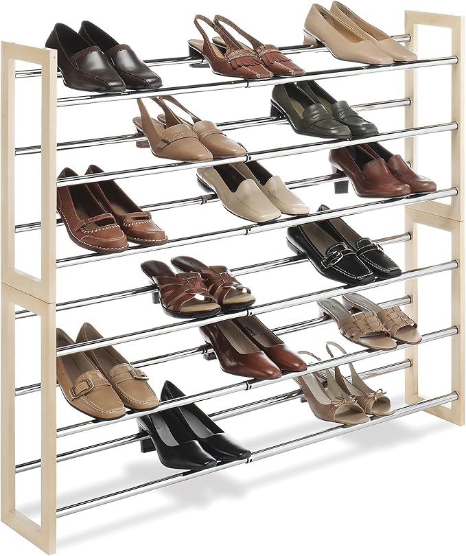 Whitmor 3 Tier Expandable Shoe Rack -Stackable - Natural Wood and Chrome