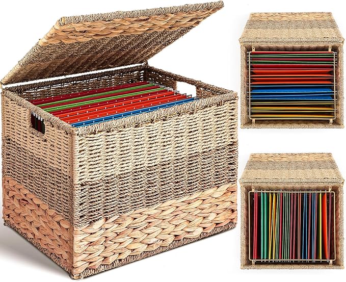 Cinnvoice Extra Large Decorative File Box 18 x 16 x 13 in Wicker Seagrass File Basket Organizer for Letter Legal Size Hand Wo