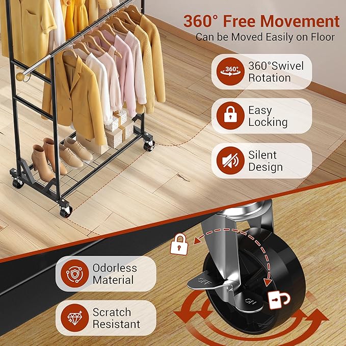 Rolling Garment Rack - Double Rod Clothes Rack with Lockable Casters, Mesh Storage Shelf & Anti-Slip Wooden Finials accented 