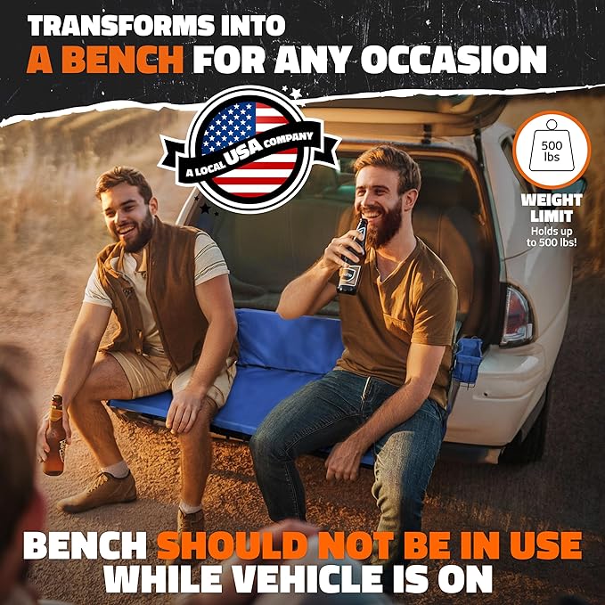 Mockins 2-in-1 Trailer Hitch Cargo Carrier Bench 48"x18"x6" w/ 15 CuFt Waterproof Truck Bed Storage Bag | 500 Lb Capacity Folding Cargo Hitch Carrier Tailgate Seat Bundle w/Stabilizer, Straps, & Lock
