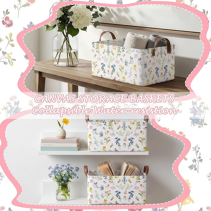 Boao 3 Pcs Watercolor Wildflowers Storage Bin Wildflowers Collapsible Large Storage Baskets for Gifts Canvas Laundry Basket F