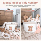 Pink Teddy Bear Storage Basket for Baby Girl Nursery – 15"x11" Cotton Rope Bin with Embroidered Bear Patch – Toy Organizer, B