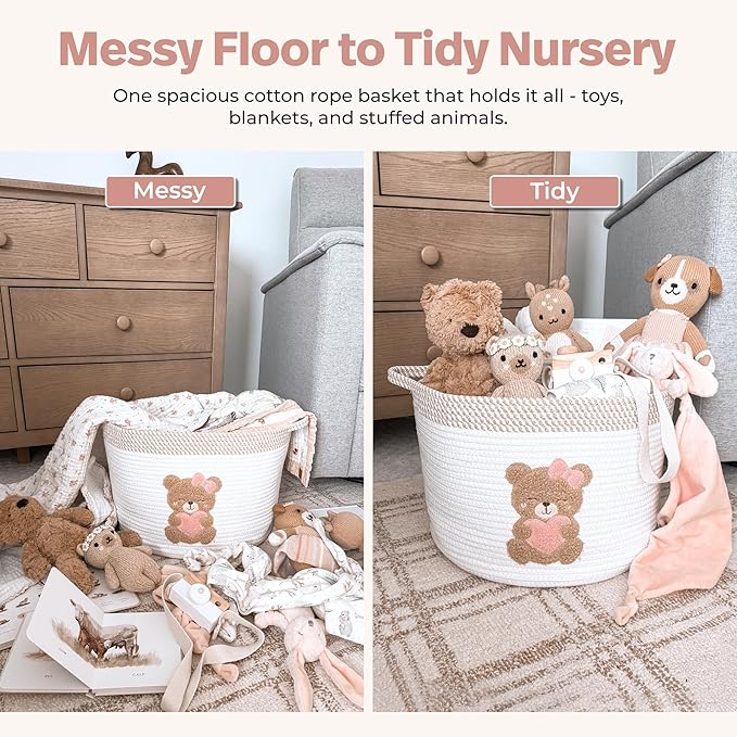 Pink Teddy Bear Storage Basket for Baby Girl Nursery – 15"x11" Cotton Rope Bin with Embroidered Bear Patch – Toy Organizer, B