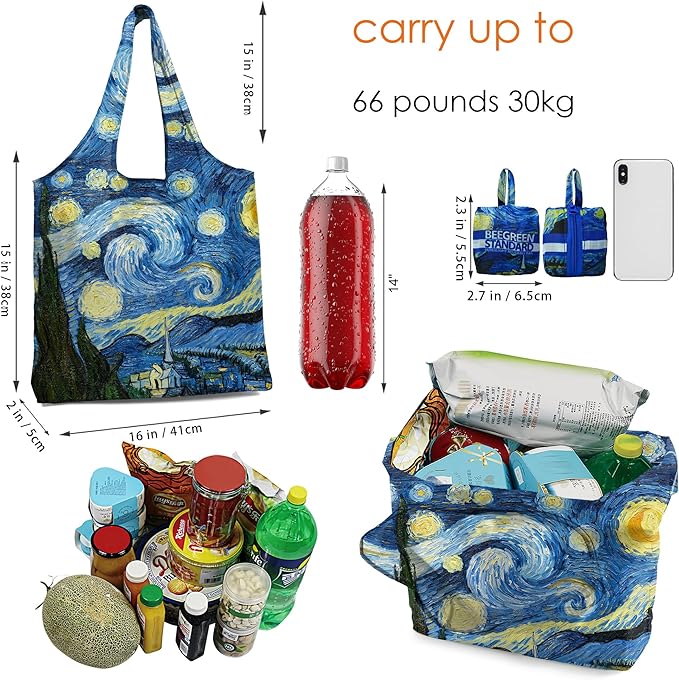 BeeGreen Reusable Grocery Shopping Bag -Travel Tote Bag - Foldable Compact Sturdy Bags