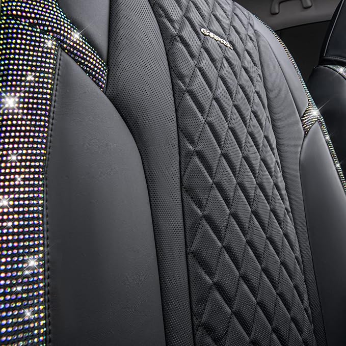 CAR PASS Iridescent Diamond &NAPPA Calfskin Leather Cushioned,Bling Seat Covers,Waterproof Heavy-Duty Anti-Slip,Universal Fit