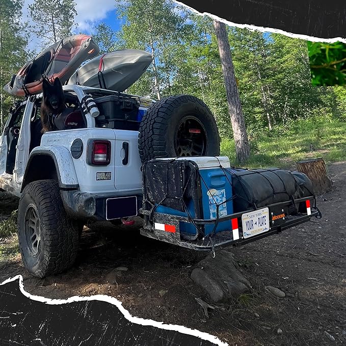 Mockins 60"x20"x6" Folding Luggage Rack for Car Hitch & 20 Cu Ft Waterproof Cargo Bag | 500 lbs Cap Steel Trailer Hitch Cargo Carrier for 2" Receivers w/License Plate Holder, Stabilizer, Net & Straps