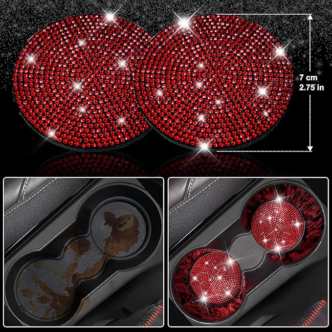 CAR PASS 11 PCS Bling Red Steering Wheel Cover Set for Women, Sparkly Rhinestone Diamond Bling Seat Belt Cushion, Glitter Shi