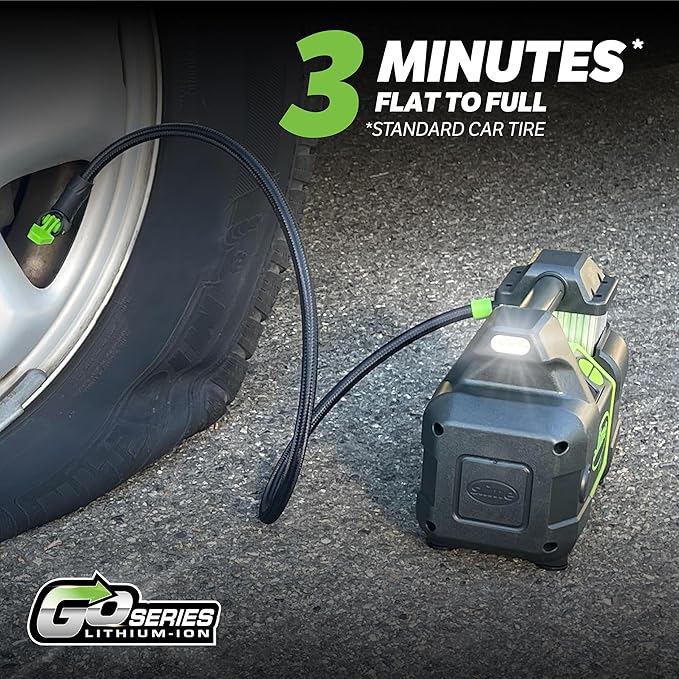 Slime 40086 Tire Inflator, Cordless, Pro Power, Portable Air Compressor Pump, Auto Shut-Off, Lithium Ion Battery and LED Light, Rechargeable, 3 min inflation