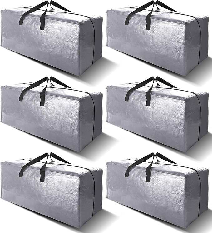 6 Pack Heavy Duty Extra Large Moving Bags W/Backpack Straps - Strong Handles & Zippers, Storage Totes For Space Saving, Fold 