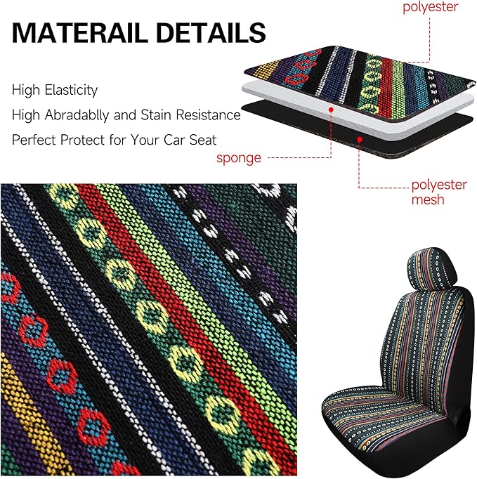 Pariitadin Baja Saddle Blanket Car Seat Covers Front Set with Seat Belt Pads, Washable Breathable Striped Woven Cloth Seat Co
