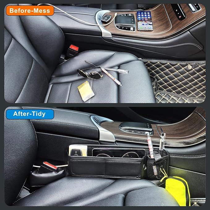 2 Pack Car Seat Gap Filler Organizer for SUV Truck Universal PU Leather Storage Box with Seats Belt Holder Automotive Consoles Side Gaps Small Things Catcher Auto Essentials Accessories for Women Men