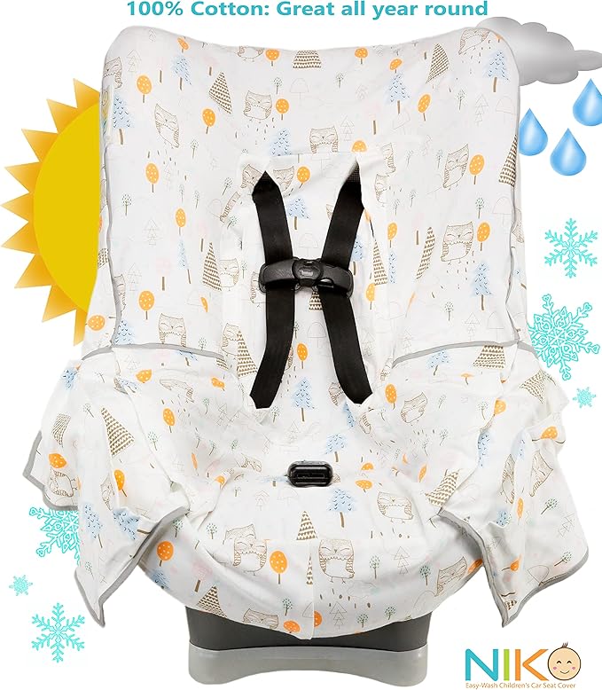 Niko Easy-Wash Children's Car Seat Cover & Liner - 100% Cotton Jersey - Owl Cream/Multi - Fits Most Toddler Car Seats - Unive