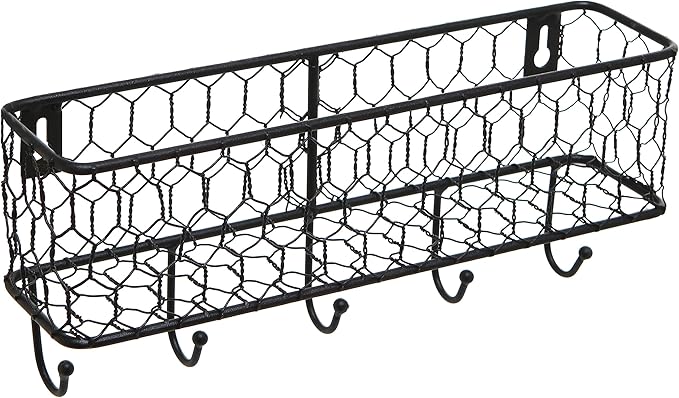 MyGift Wall Mounted Metal Entryway Mail Holder and Key Organizer Rack with 5 Hooks, Decorative Storage Basket and Hanger Hook