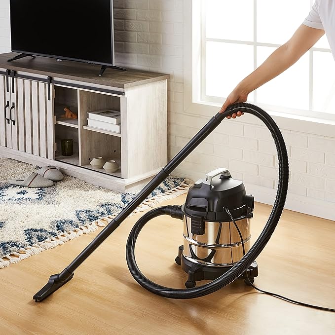 Amazon Basics Wet Dry Shop Vacuum Cleaner, 4 Gallon, 3 HP Stainless Steel, Grey/Black