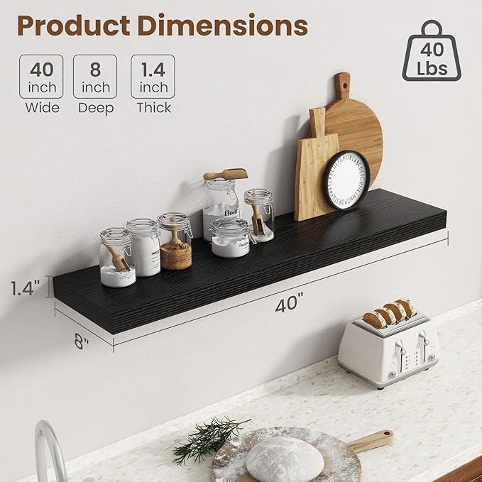 40 Inch Floating Shelves for Wall, 8 Inch Deep Floating Shelf for Storage & Display, Rustic Wall Mounted Shelf with Invisible