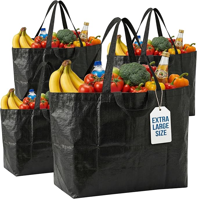 DURASACK Haul-It-All Extra-Large Reusable Shopping Bag – Heavy Duty Open-Top Tote with Handles, 18-Gallon Capacity, Black, Pack of 4