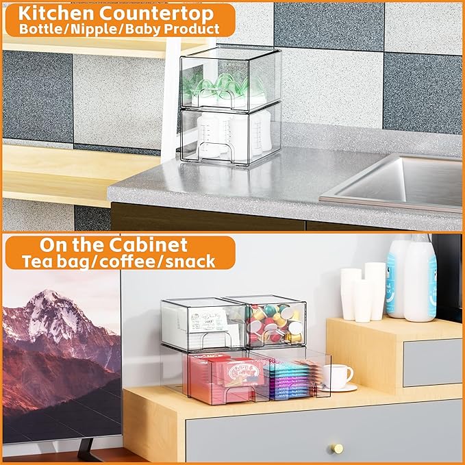 Yieach 6 Pack Small Stackable Storage Drawers,4.4 Inch Tall Stacking Acrylic Clear Storage Bins for Bathroom Vanity,Undersink