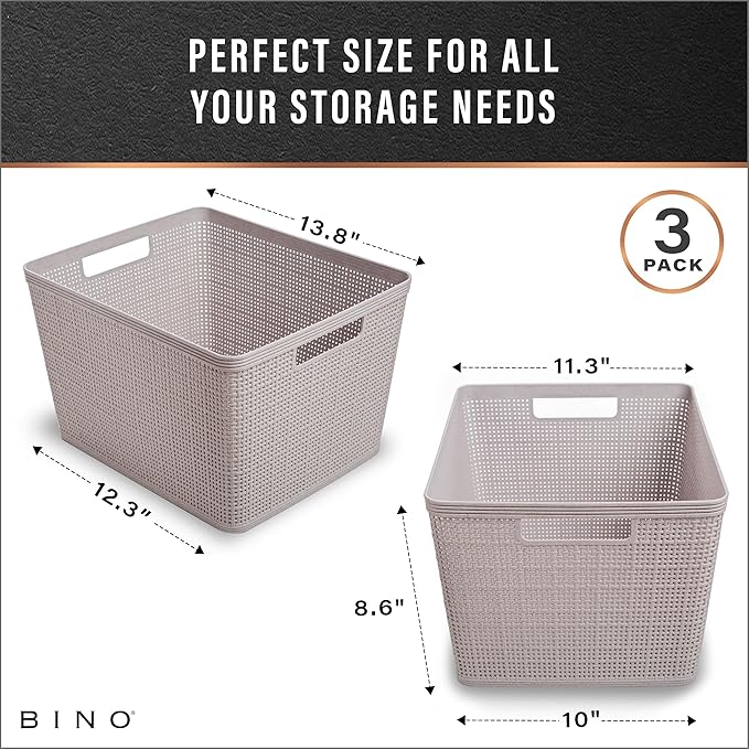 BINO | Woven Plastic Basket | Large (Natural Grey), 3-Pack | THE JUTE COLLECTION | Home Organization, Space - Saving Storage,