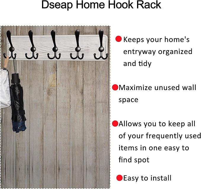 Dseap Coat Rack Wall Mounted - 5 Tri Hooks, Heavy Duty, Wooden Wall Coat Hanger Coat Hook for Clothes Hat Jacket Clothing, Wh