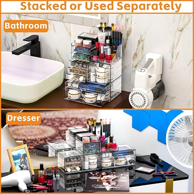 Acrylic Clear Makeup Organizer Countertop,Stackable Skincare Organizer for Vanity With 8 Drawers,Large Plastic Desk Accessori