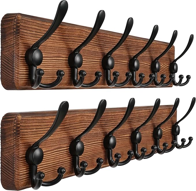 Dseap Coat Rack Wall Mounted - 24" Long 6 Tri Hooks, Heavy Duty Wooden Wall Coat Hanger Coat Hook for Clothes Hat Jacket Clot
