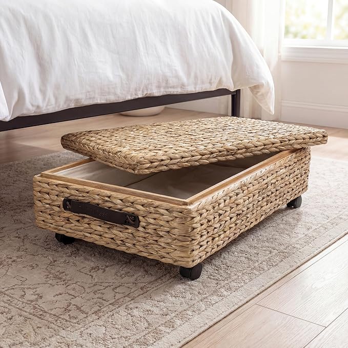 happimess BSK1006A 26.38" Chett Minimalist Hand-Woven Hyacinth/Wood Underbed Storage Bin with Wheels and Handles for Storage 