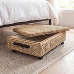 happimess BSK1006A 26.38" Chett Minimalist Hand-Woven Hyacinth/Wood Underbed Storage Bin with Wheels and Handles for Storage 