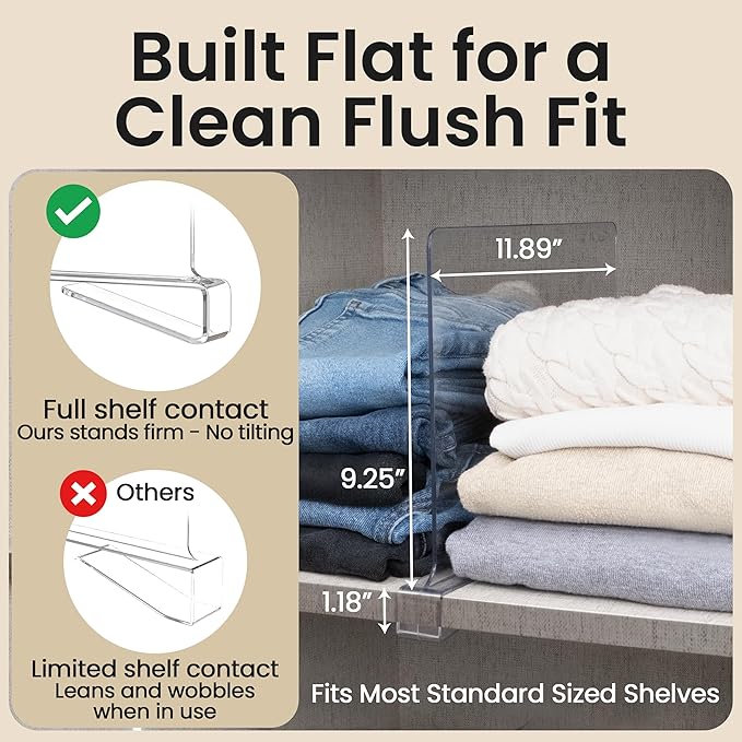 6- Pack Clear Acrylic Shelf Dividers-Non-Slip Closet Organizers for Sweaters, Bags, Towels- Shelf Separators for Bedroom, Kit