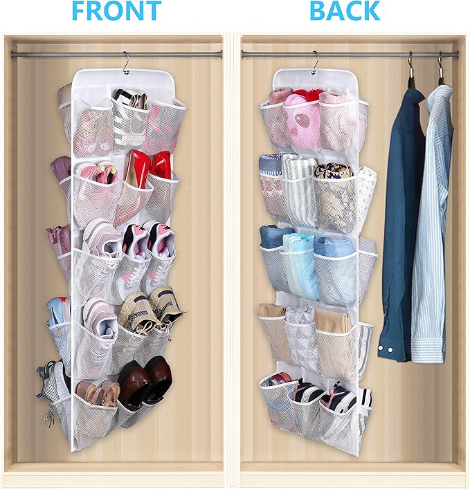 MISSLO 30 Large Pockets Dual Sided Hanging Baby Shoe Organizer for Closet with Rotating Hanger Hanging Shoe Shelves, White