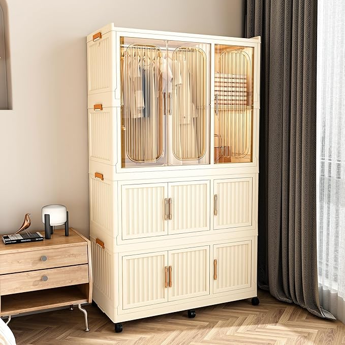 Portable Closet Wardrobe with Magnetic Doors, Foldable Armoire Wardrobe Closet with 1 Hanging Rod, 9 Cubes and 6 Hangers, Clo