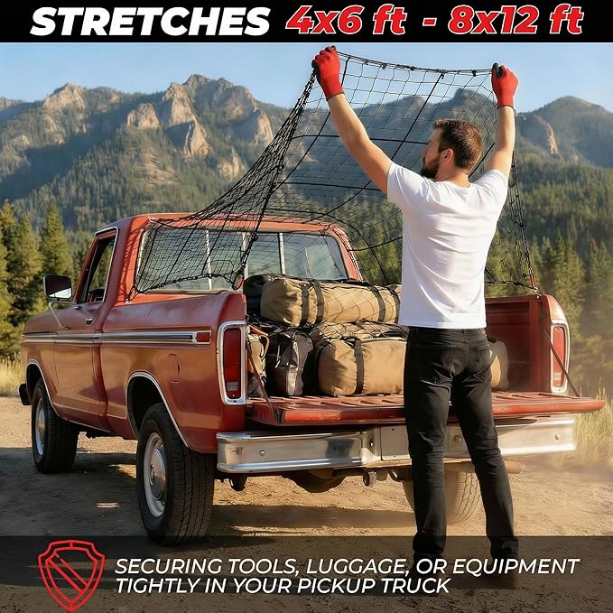Heavy Duty Cargo Net for Pickup Truck Bed, 4x6 ft Stretches to 8x12 ft - 10mm Elastic Bungee Truck Bed Net with 12 Carabiners, Anti-Slip Gloves & Digital Guide for Trucks, SUV, Roof Rack