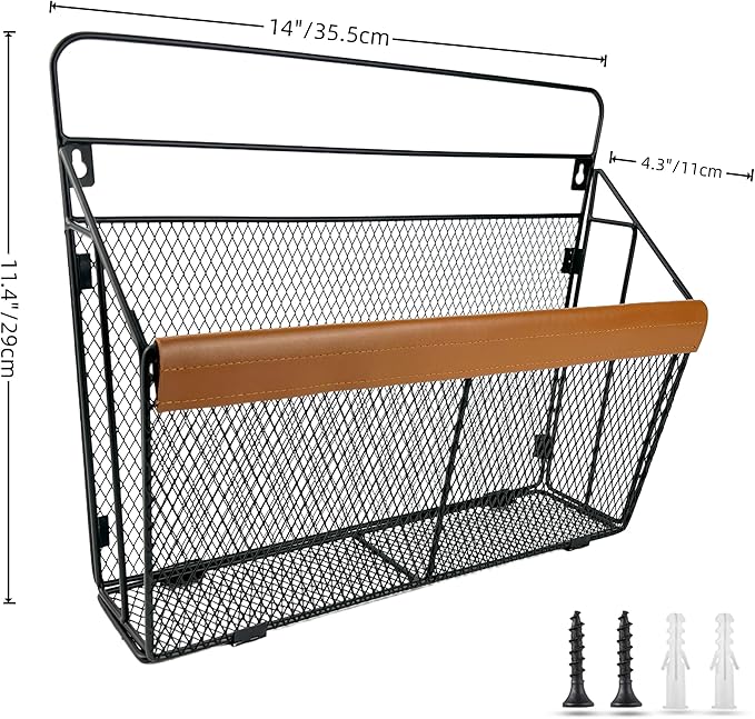 Wall Mounted Magazine Rack with Leather Trim, Decorative Art Wall Magazine Holder, Hanging Paper Organizer, Metal Wire Magazi