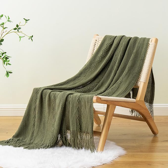 BATTILO HOME Olive Green Throw Blanket for Couch, Soft Army Green Blanket with Tassels for Home Decor, Decorative Knitted Thr