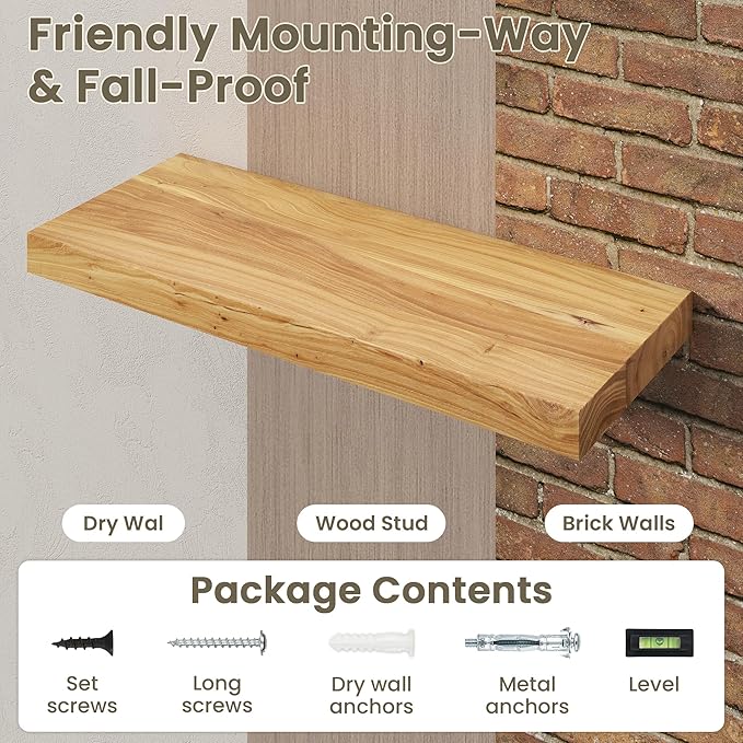 Fun Memories Solid Elm Wood Floating Shelves Set of 1-40 Inch Rustic Wall Shelves with Heavy-Duty Invisible Brackets - for Li