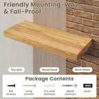 Fun Memories Solid Elm Wood Floating Shelves Set of 1-55 Inch Rustic Wall Shelves with Heavy-Duty Invisible Brackets - for Li