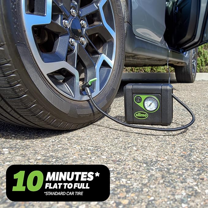 Slime 40060 Tire Inflator, Compact, Portable Car Air Compressor, Analog, Quick Connect Air Hose, Flat Tire Puncture Repair, 12V, 10 min inflation