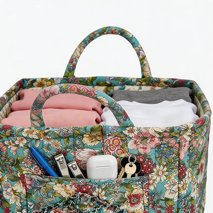 Quilted Laundry Basket with Handles - Multi-Purpose Fabric Storage Basket，Boho Fabric Storage Baskets with Handles for Car, H
