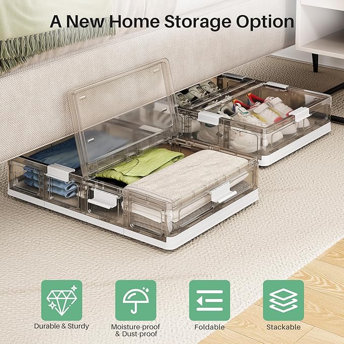 Kitstorack Clear Plastic Under Bed Storage Containers Bins with Lids and 8 Pre-installed Wheels,37.8 Qt, Rolling Foldable Fla