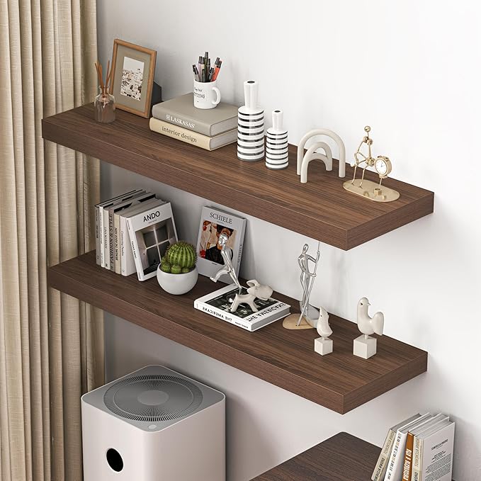 Dreamland 48" Floating Shelves for Wall, 12" Deep Thicker Walnut Floating Shelves, Wall-Mounted Shelves for Bedroom, Living R