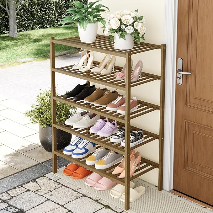 Smiry Shoe Rack, 5 Tier Thick Bamboo Shoe Organizer, Stackable Free Standing Wooden Shoe Storage Shelf for Closet, Entryway, 