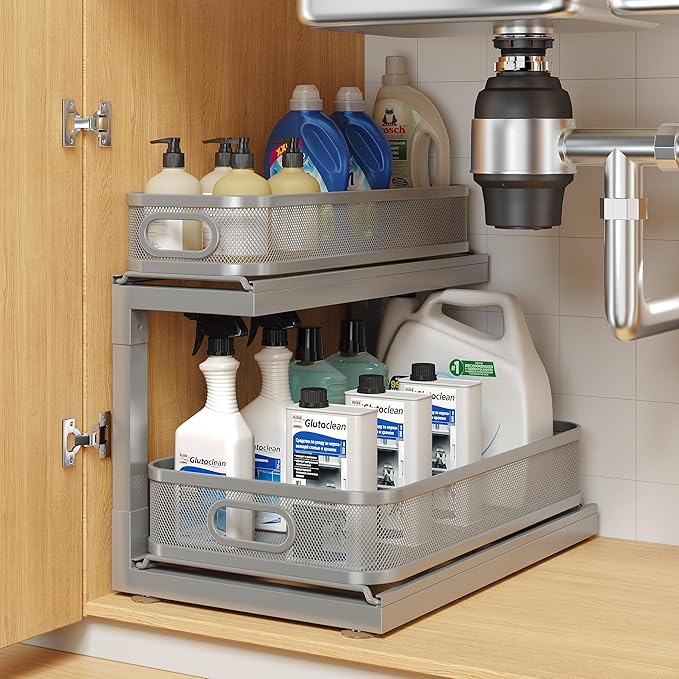 1-Pack Under Sink Storage Organizer with 2-Tier Slide Out Drawer, Sophisticated Mesh Pull Out Shelf for Kitchen & Bathroom, F