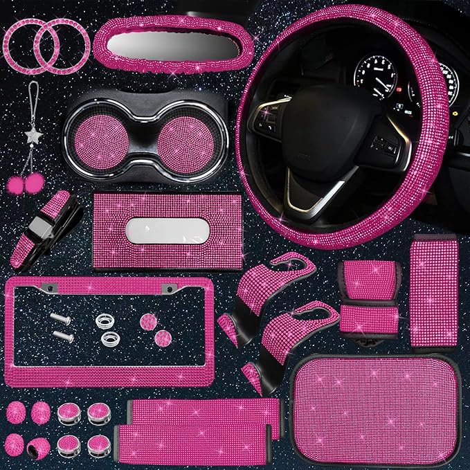 25PCS Bling Car Car Accessories Set,15 Inch Steering Wheel Cover,Shiny License Plate Frame,Center Console Cover and Rearview Mirror Set and Other Car Accessories(Rose Pink)