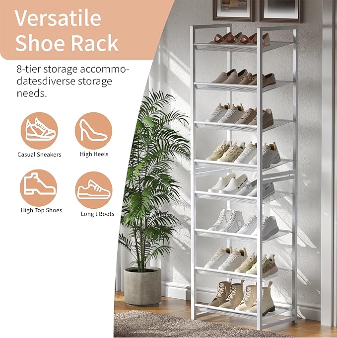 8 Tier Narrow Shoe Rack, Stackable Metal Shoe Storage, Holds 16-20 Pairs, Vertical Shoe Organizer for Garage Closet Entryway,