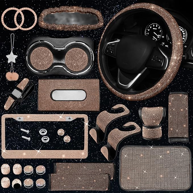 25PCS Bling Car Car Accessories Set,15 Inch Steering Wheel Cover,Shiny License Plate Frame,Center Console Cover and Rearview Mirror Set and Other Car Accessories(Champ)