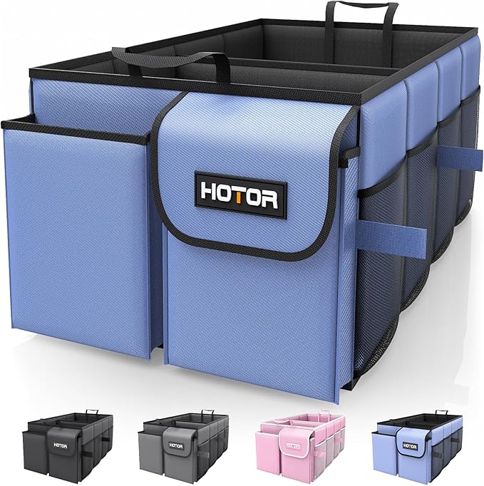HOTOR Foldable Trunk Organizer - SUV & Sedan Compatible, 2 Compartments, Blue, 23.6x14.2x10.6 Sturdy Car Organization