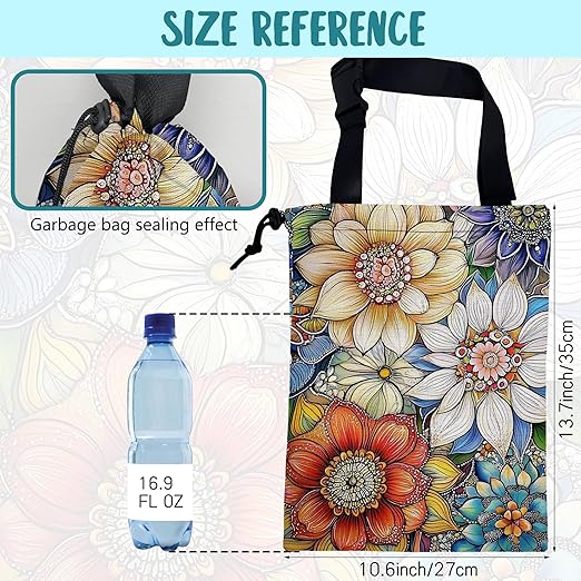 Car Garbage Bag Bright Yellow White and Blue Floral Hanging Canvas Car Trash Bag Drawstring Car Back Seat Organizer for Car Back Front Seat Console with Adjustable Buckle