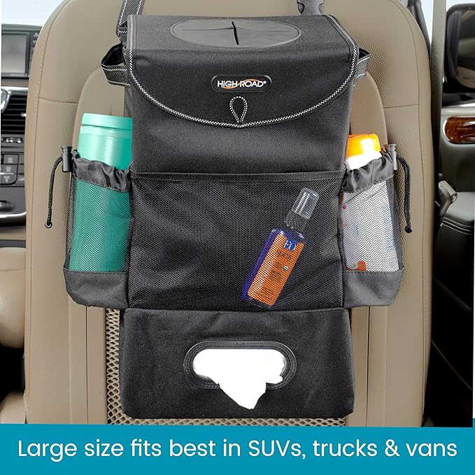 High Road StashAway Large Car Trash Can for Back Seat - Car Garbage Bag With Tissue Holder and Bottle Pockets - Seatback Organizer With 3 Gal Trash Can With Lid for Vans, SUVs and Trucks