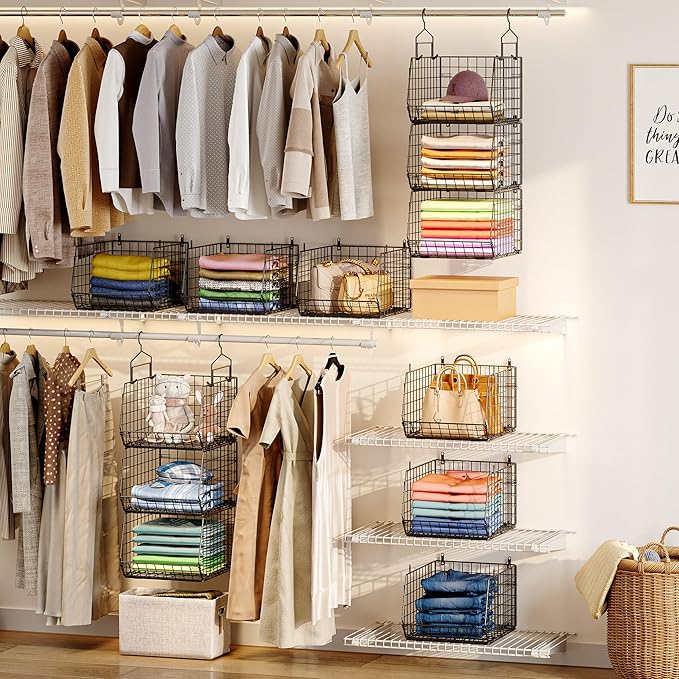 4" Extra Deeper Hanging Closet Organizers and Storage,4 Tier Foldable Wire Cabinet Shelves with 5 S Hooks,Small Metal Basket 